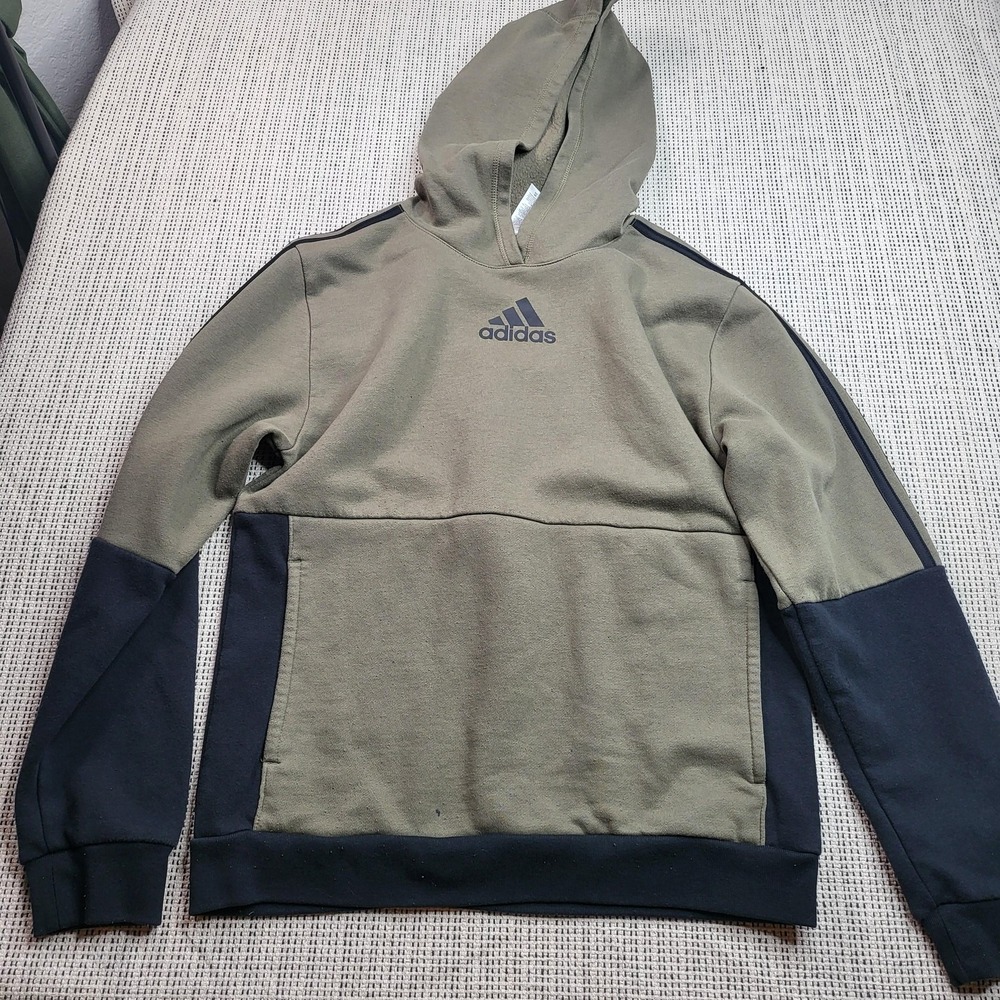 Adidas Hoodie Boys XL (18-20) Green Black Fleece Pullover Logo 3-Stripes